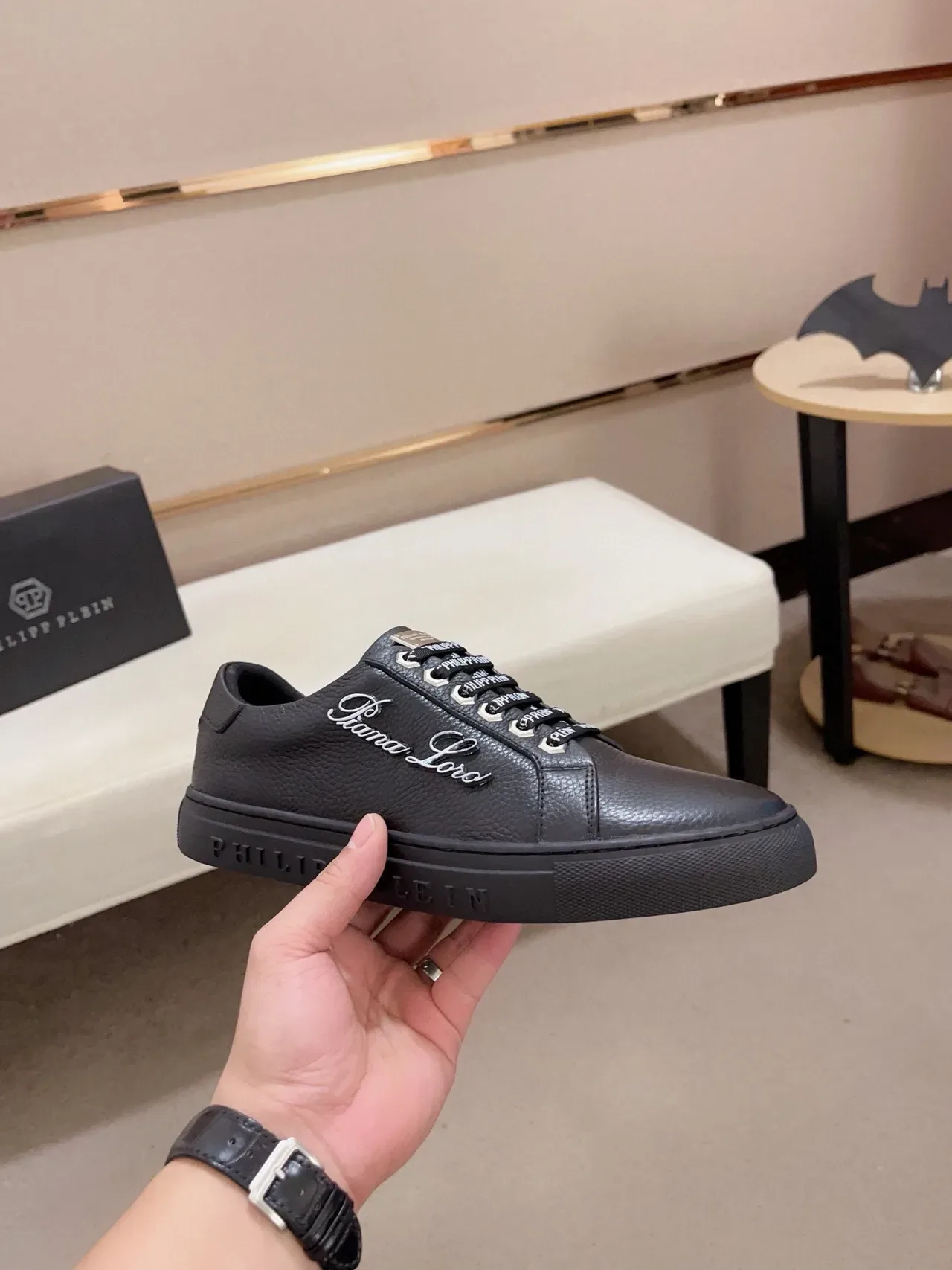 Philipp Plein काला चमड़े का Script Logo लाइफस्टाइल स्नीकर्स 4