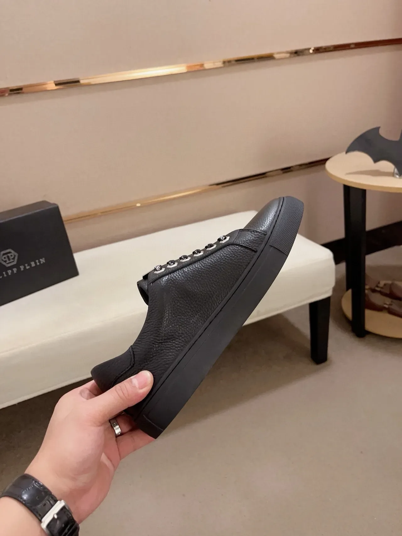 Philipp Plein काला चमड़े का Script Logo लाइफस्टाइल स्नीकर्स 5