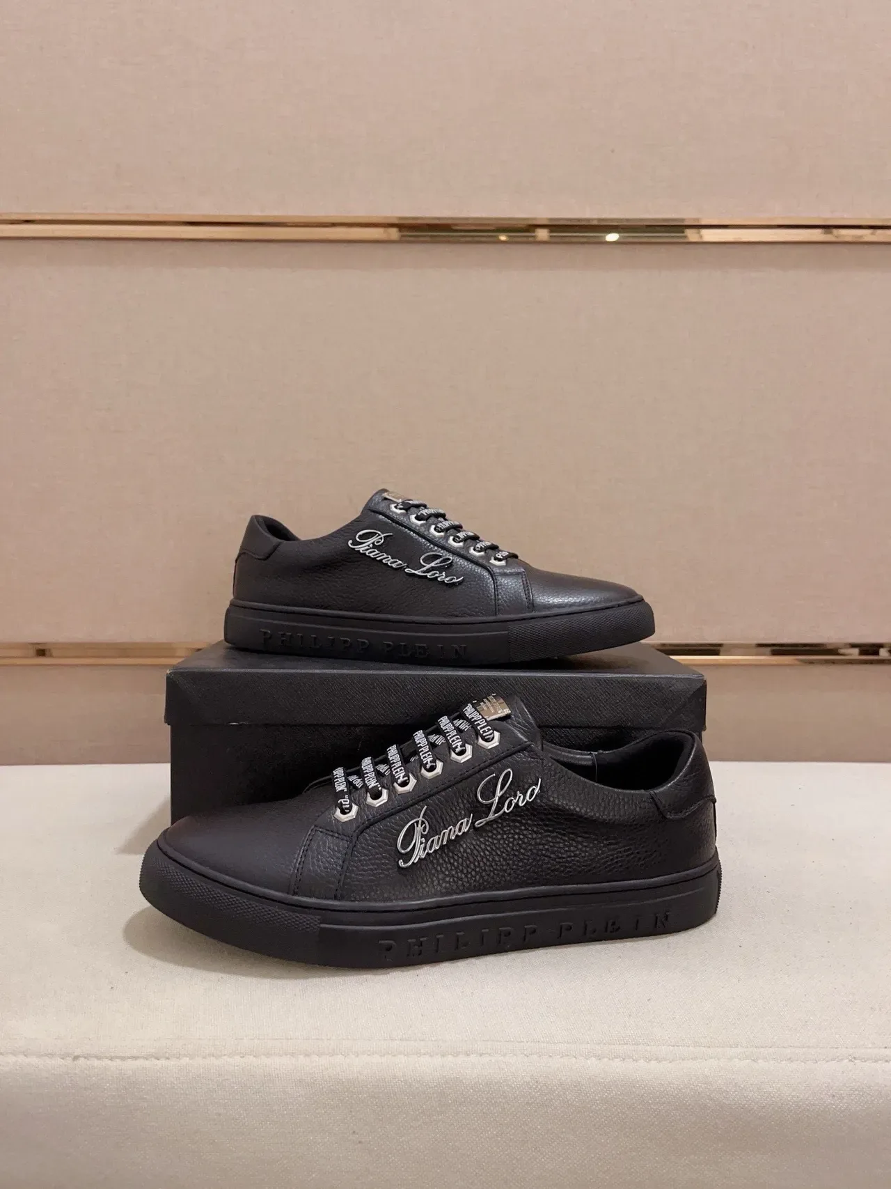 Philipp Plein काला चमड़े का Script Logo लाइफस्टाइल स्नीकर्स 7