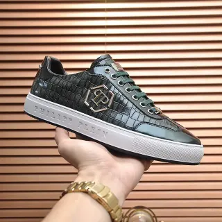 Philipp Plein काला सफेद मगरमच्छ उत्कीर्ण चमड़ा धातुकीय मोनोग्राम प्लेक लाइफस्टाइल स्नीकर