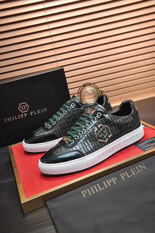 Philipp Plein Noir Blanc Cuir Crocodile Embossé Plaque Monogramme Métallique Sneakers Lifestyle 7