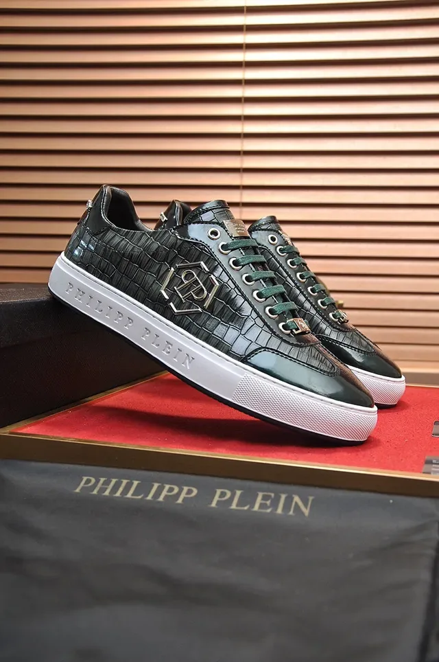Philipp Plein Noir Blanc Cuir Crocodile Embossé Plaque Monogramme Métallique Sneakers Lifestyle 8