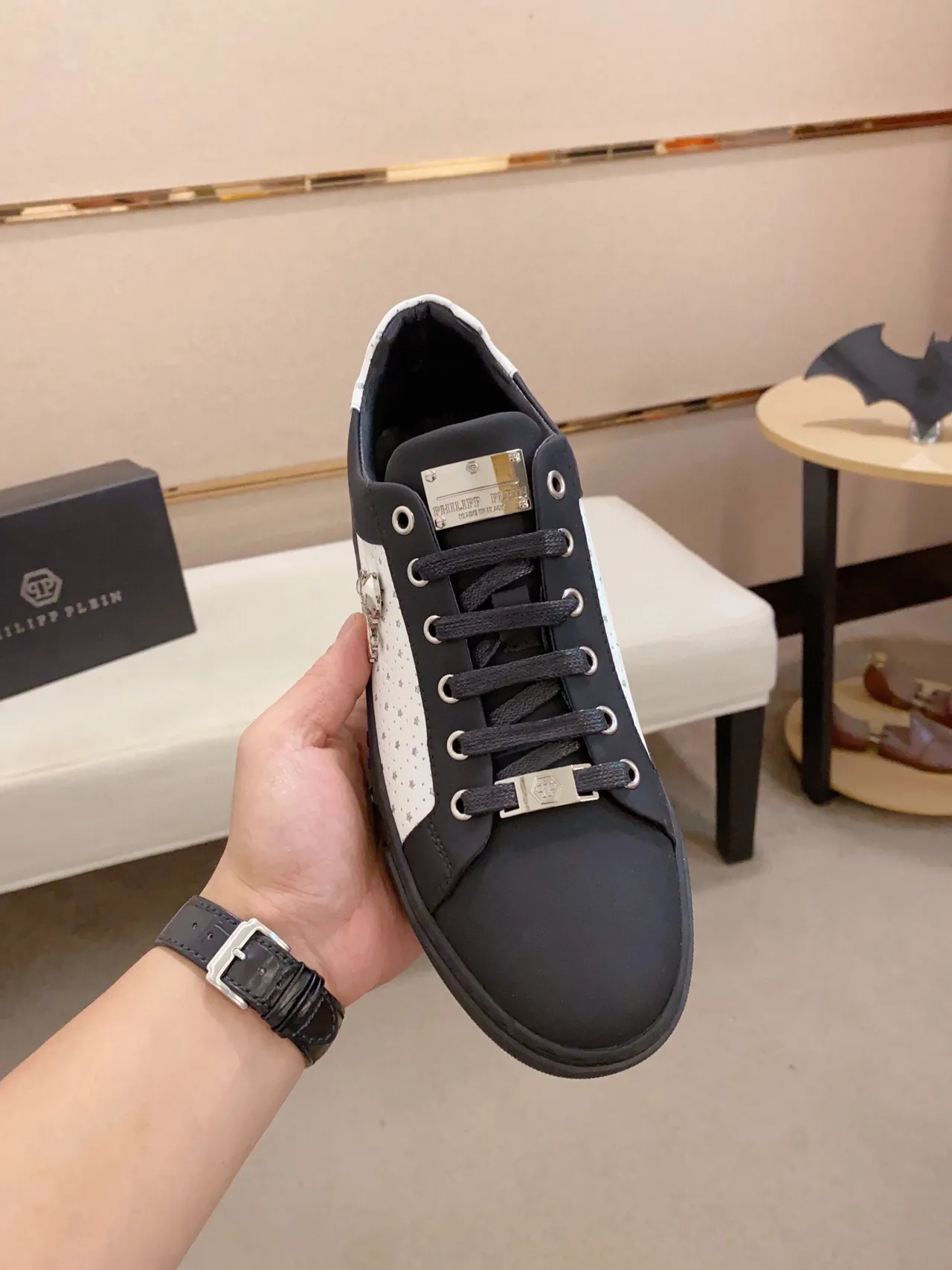 Philipp Plein Black White Low-Top Perforated Side Panel Lifestyle Sneakers 4
