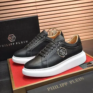 Philipp Plein Black White Pebbled Leather Hexagonal Metal Logo Lifestyle Sneakers