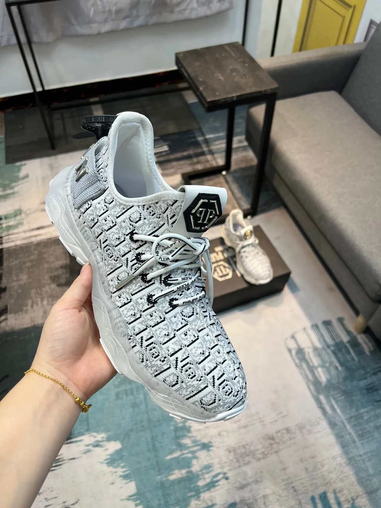 Philipp Plein Gris Negro Tejido Monograma Superior Suela Translucida Zapatillas Chunky 3
