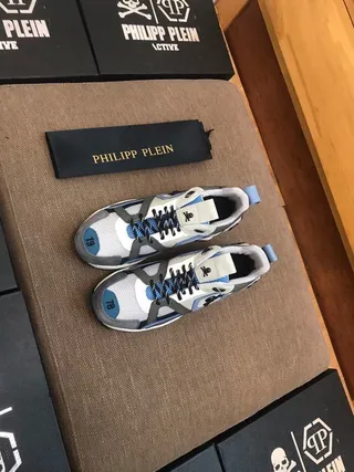 Philipp Plein Gray Blue Sole Layered Leather-Mesh Construction Chunky Sneakers 5