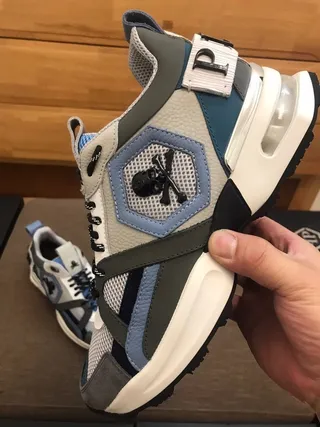Philipp Plein Gray Blue Sole Layered Leather-Mesh Construction Chunky Sneakers 8