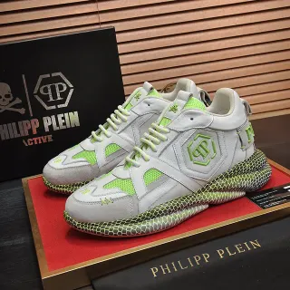 Philipp Plein ग्रे ग्रीन हनीकॉम्ब सोल लेयरड लेदर-मेश अपर चंकी स्नीकर