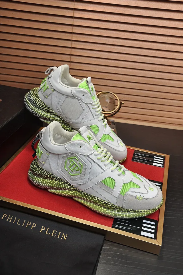 Philipp Plein Gray Green Honeycomb Sole Layered Leather-Mesh Upper Chunky Sneakers 5