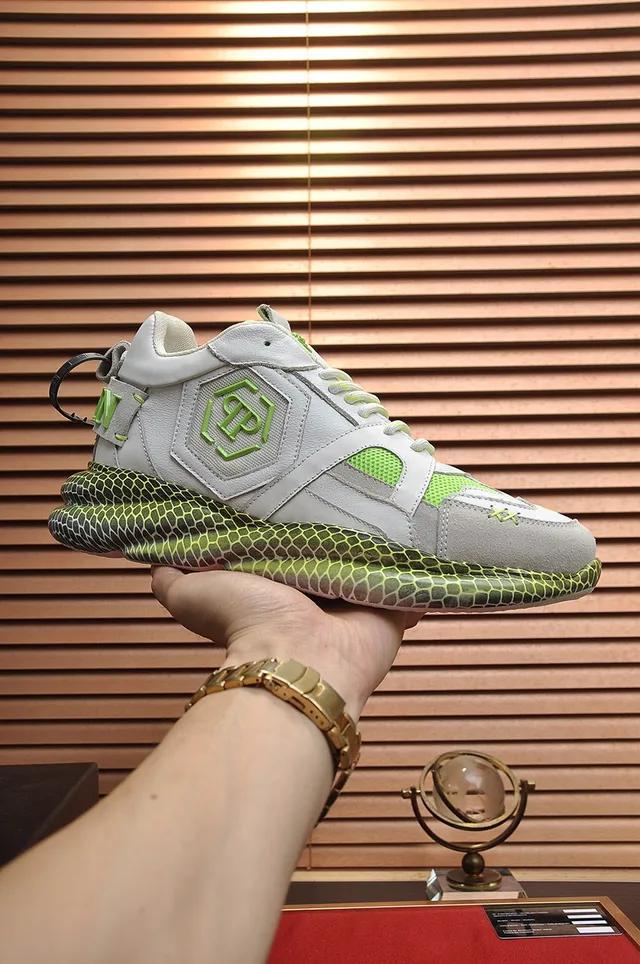 Philipp Plein Gray Green Honeycomb Sole Layered Leather-Mesh Upper Chunky Sneakers 7