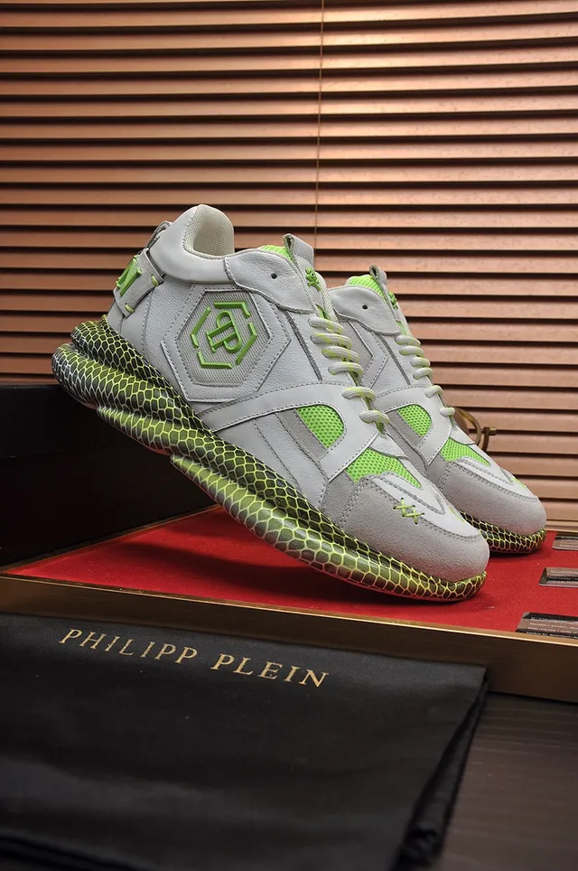 Philipp Plein Gray Green Honeycomb Sole Layered Leather-Mesh Upper Chunky Sneakers 8
