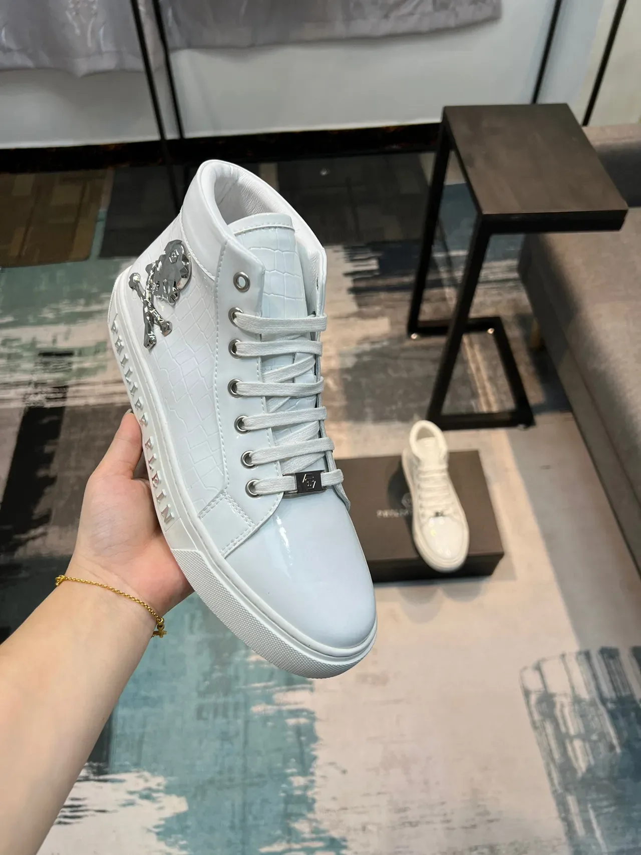 Philipp Plein Zapatillas Lifestyle Altas Blancas Plata Brillantes Patent en la Punta Lifestyle Sneakers 6