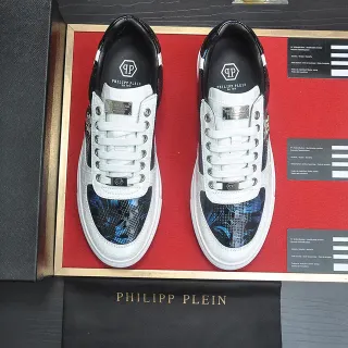 Philipp Plein White Blue Crocodile-Embossed Leather Digital Camo Panel Lifestyle Sneakers