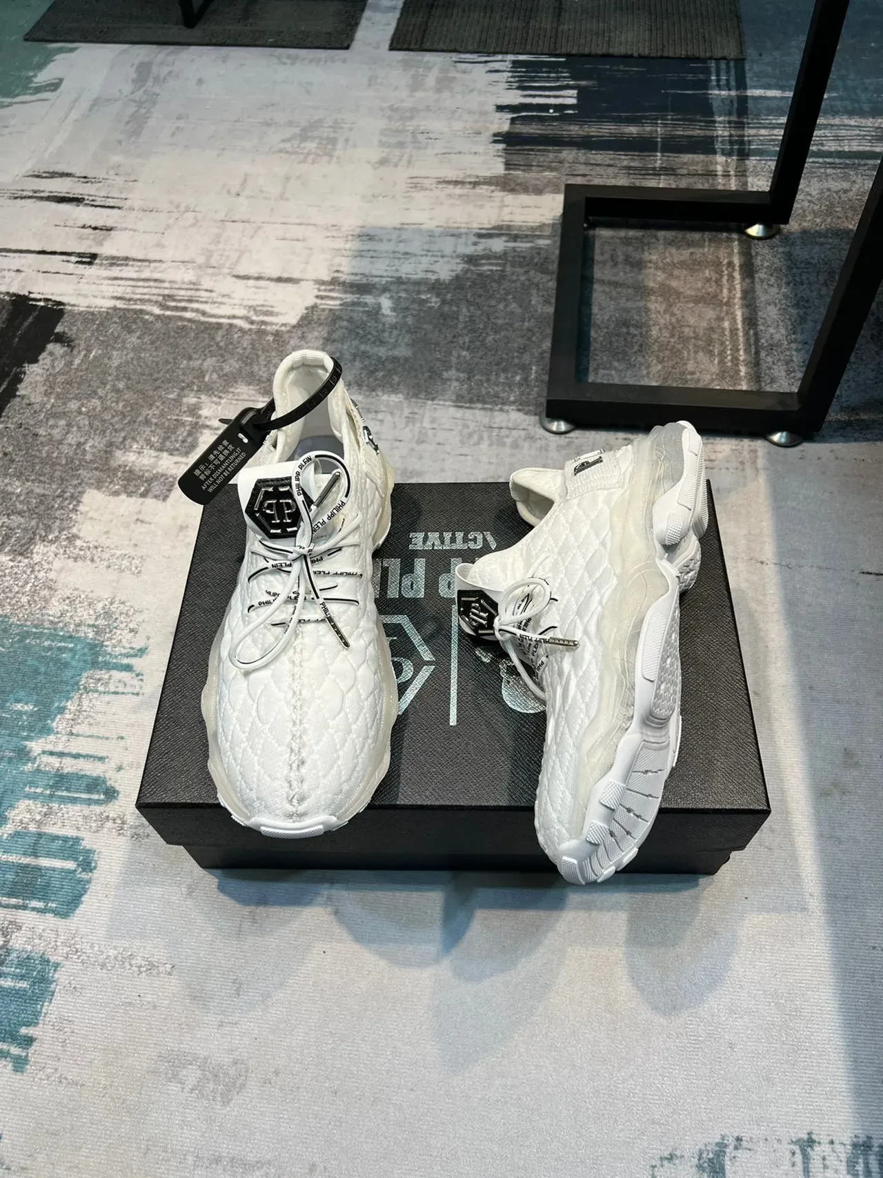 Philipp Plein White Silver Quilted Knit Upper Oversized Sculpted Sole Chunky Sneakers 4