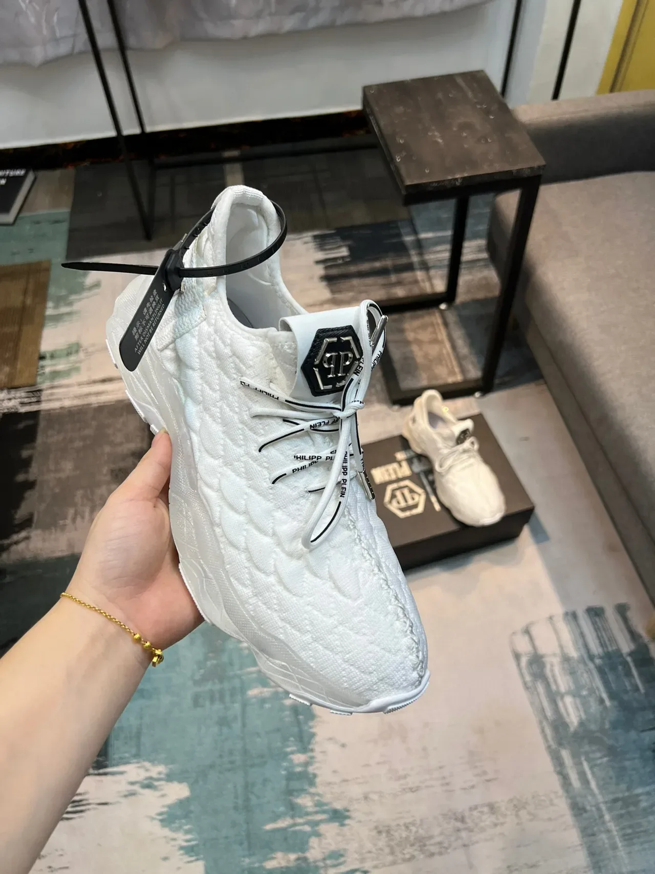 Philipp Plein White Silver Quilted Knit Upper Oversized Sculpted Sole Chunky Sneakers 5