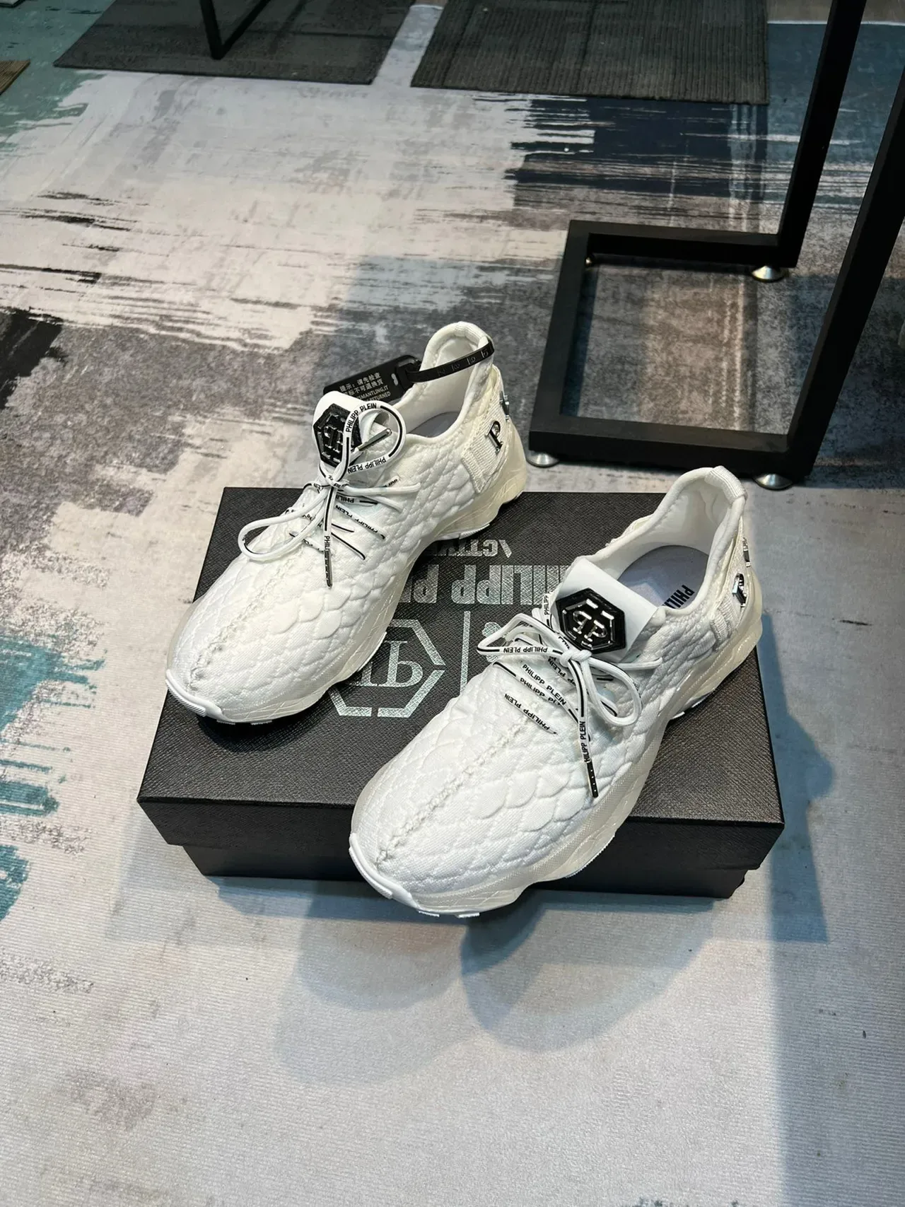 Philipp Plein White Silver Quilted Knit Upper Oversized Sculpted Sole Chunky Sneakers 6