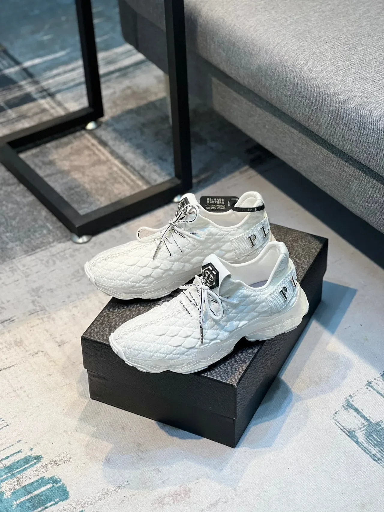 Philipp Plein White Silver Quilted Knit Upper Oversized Sculpted Sole Chunky Sneakers 7