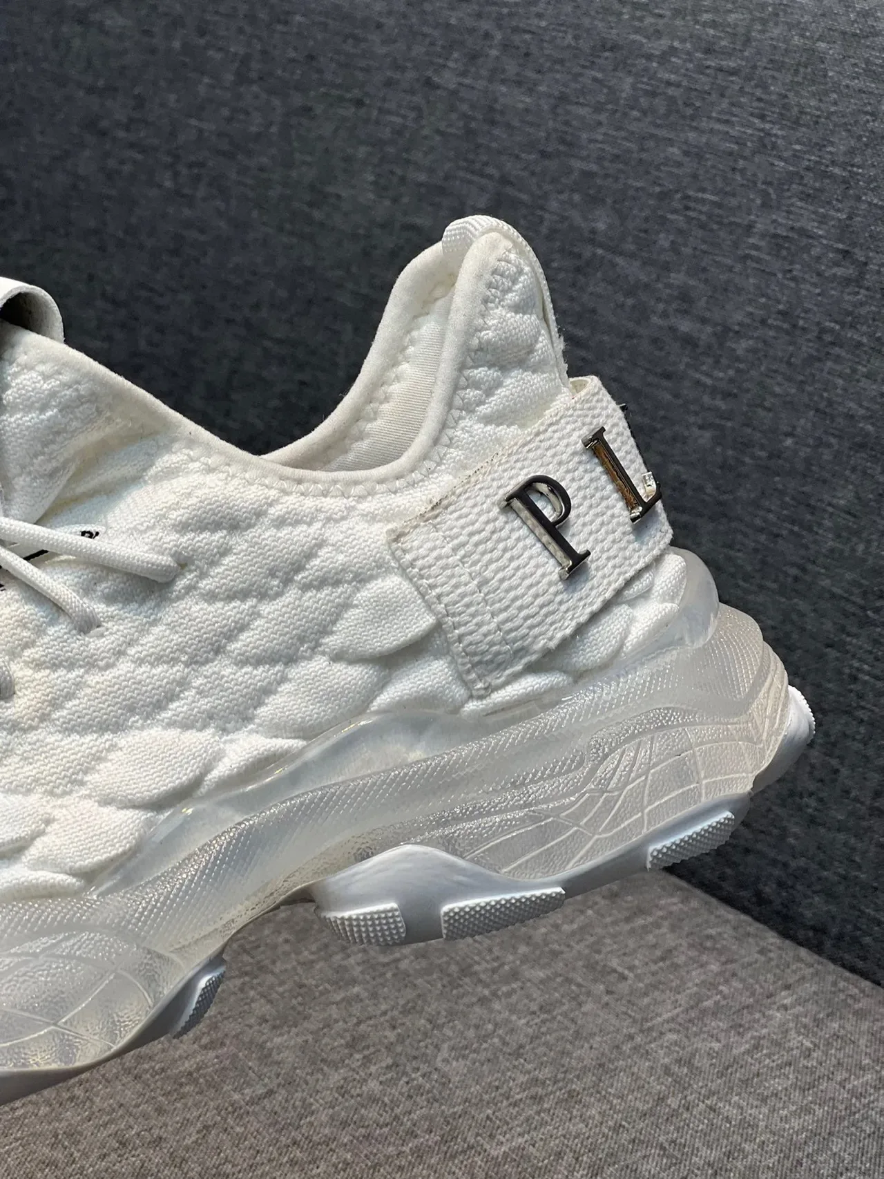 Philipp Plein White Silver Quilted Knit Upper Oversized Sculpted Sole Chunky Sneakers 8