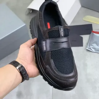 Prada Black Brown Mesh And Suede Upper Logo Strap Closure Lifestyle Sneakers