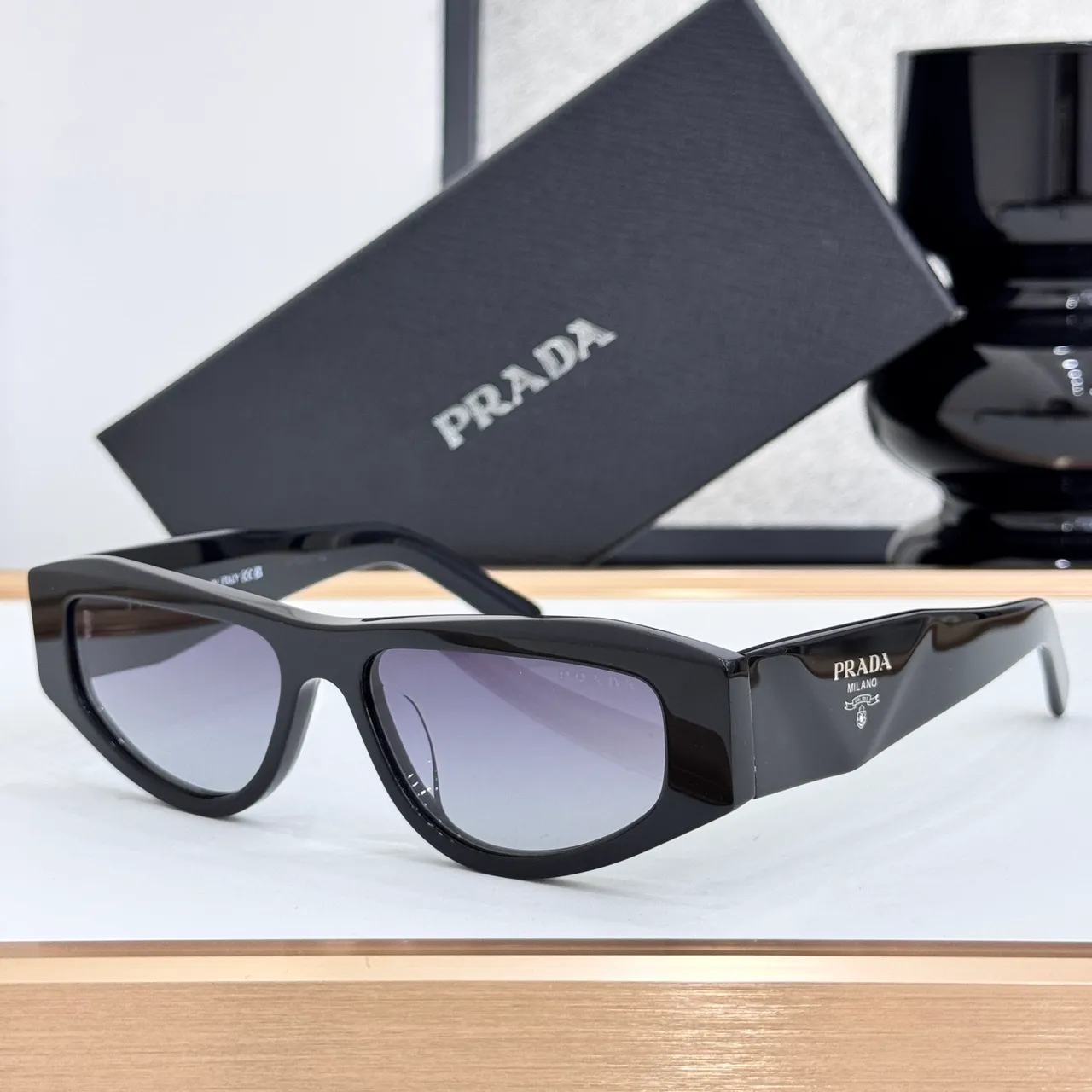 Prada Black Geometric Shield Frame Faceted Temple Detailing Sunglasses 6