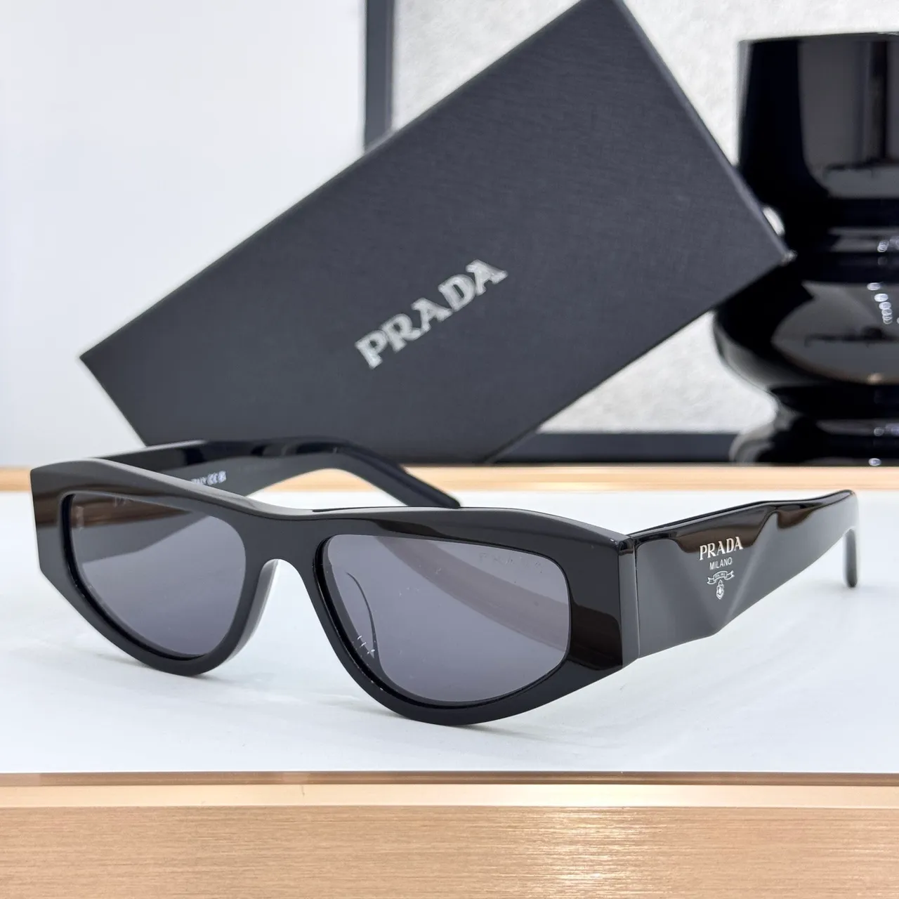 Prada Black Geometric Shield Frame Faceted Temple Detailing Sunglasses 7