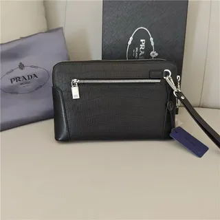 Prada Black Silver Crocodile-Embossed Leather Zip-Top Closure Wristlet 9