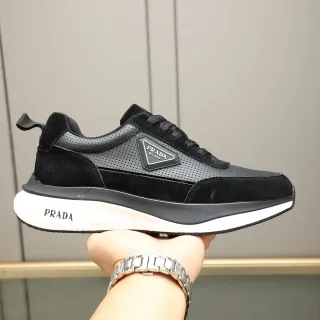 Prada Black White Suede And Perforated Leather Upper Layered Sole Lifestyle Sneakers