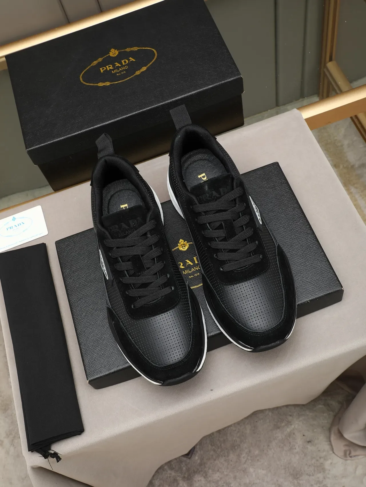 Prada Black White Suede And Perforated Leather Upper Layered Sole Lifestyle Sneakers 2