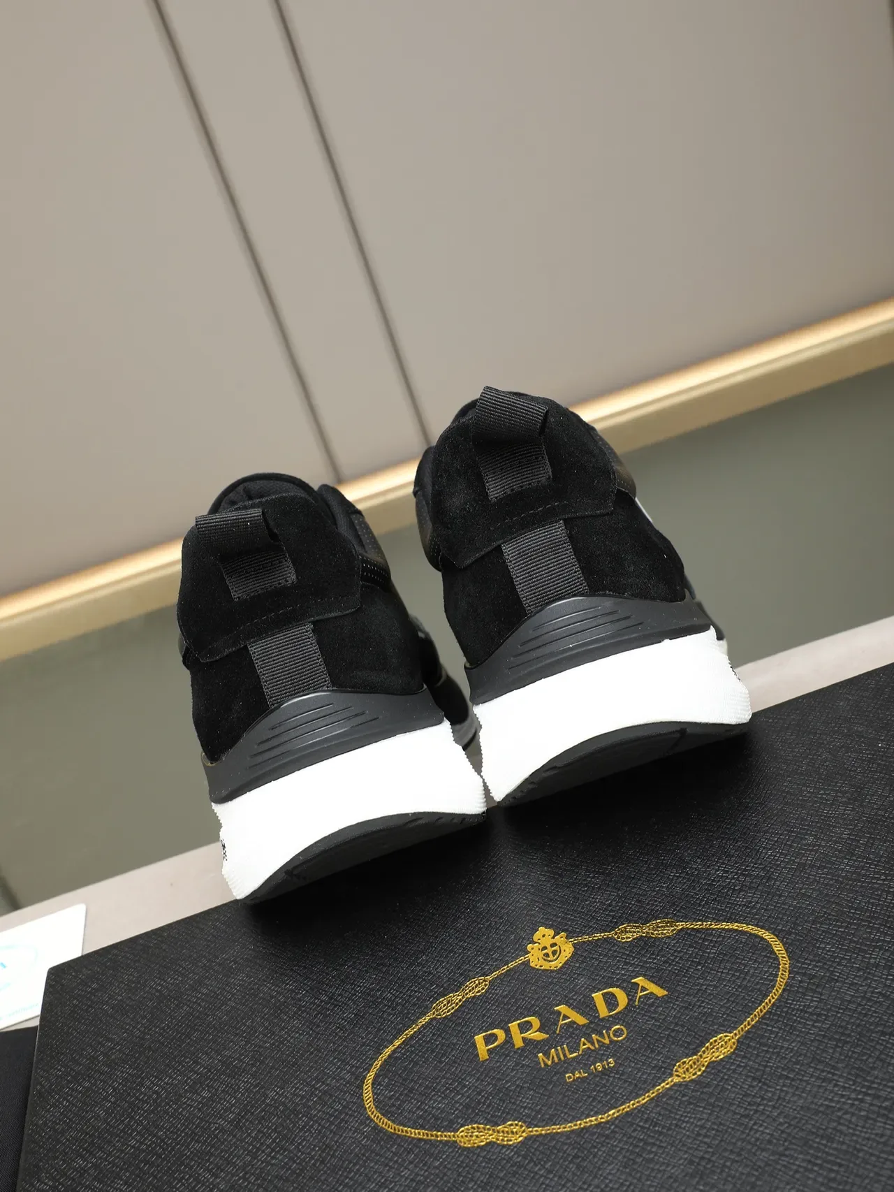 Prada Black White Suede And Perforated Leather Upper Layered Sole Lifestyle Sneakers 3