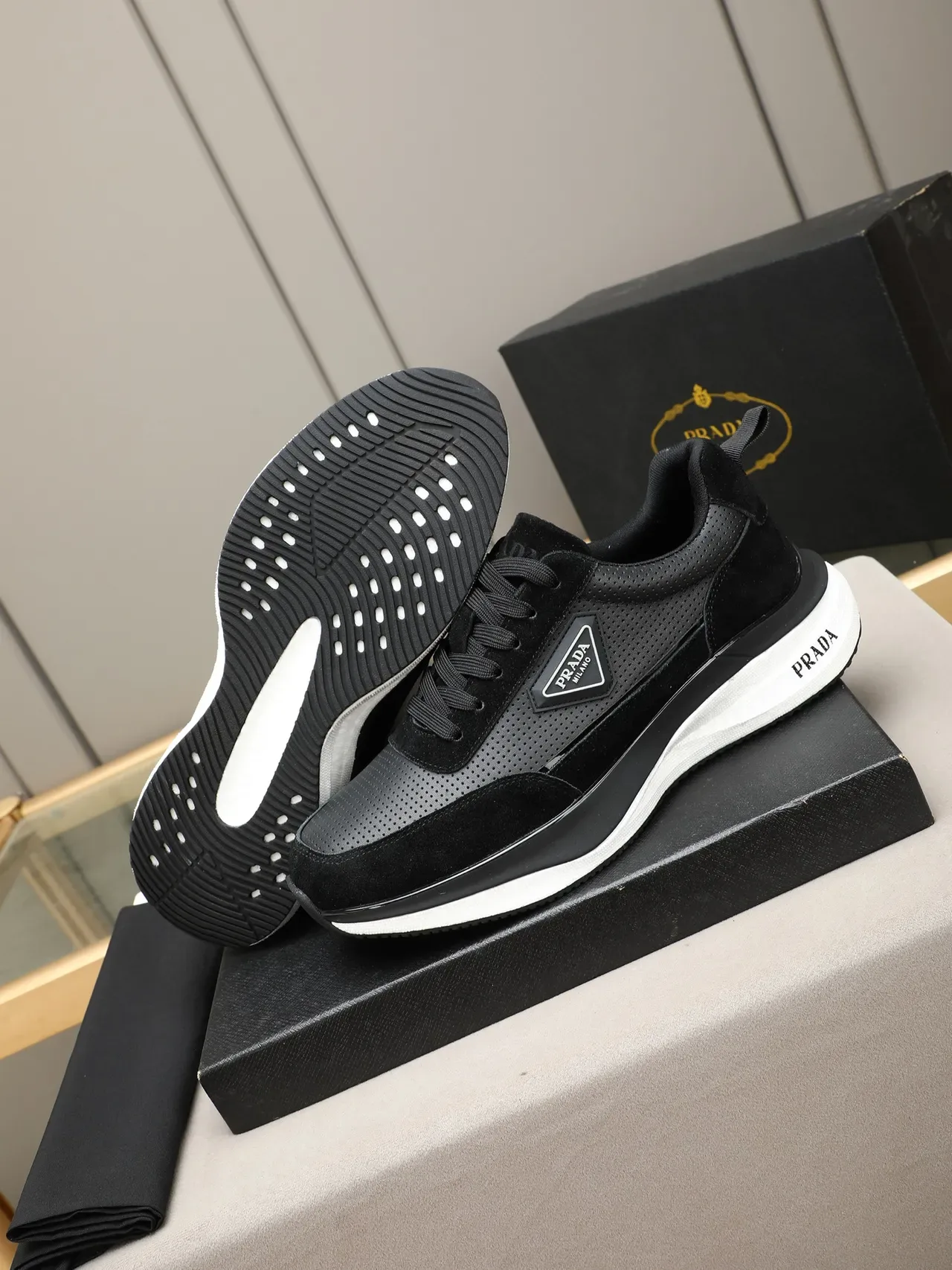Prada Black White Suede And Perforated Leather Upper Layered Sole Lifestyle Sneakers 4