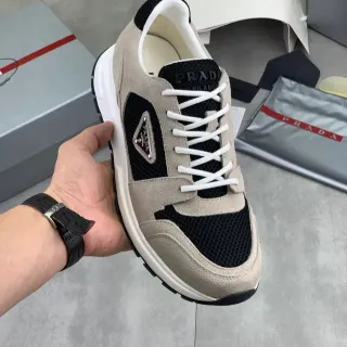 Prada Cloudbust Beige Black Suede And Mesh Paneling Triangular Metal Logo Plaque Lifestyle Sneakers