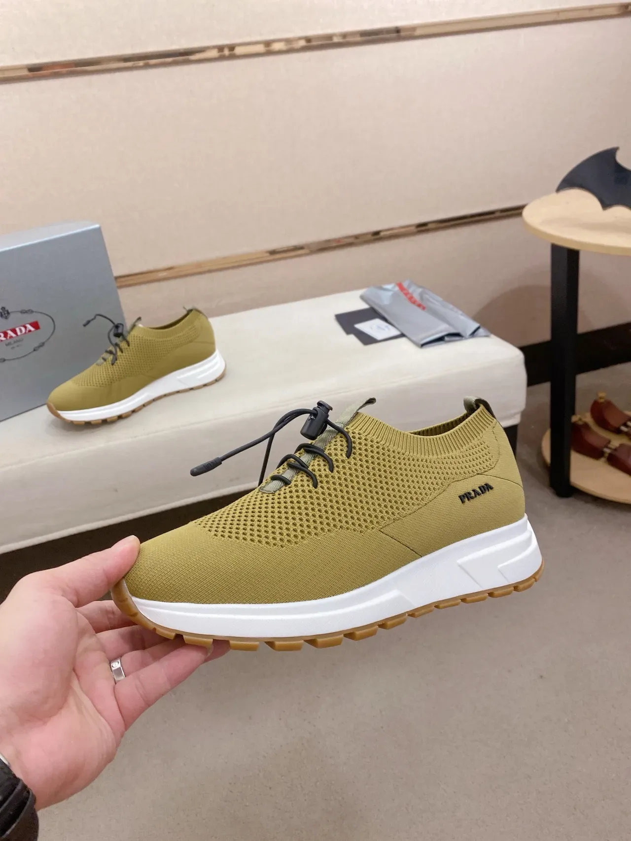 Prada Cloudbust Beige White Knit Upper Sock-Fit Collar Lifestyle Sneakers 4