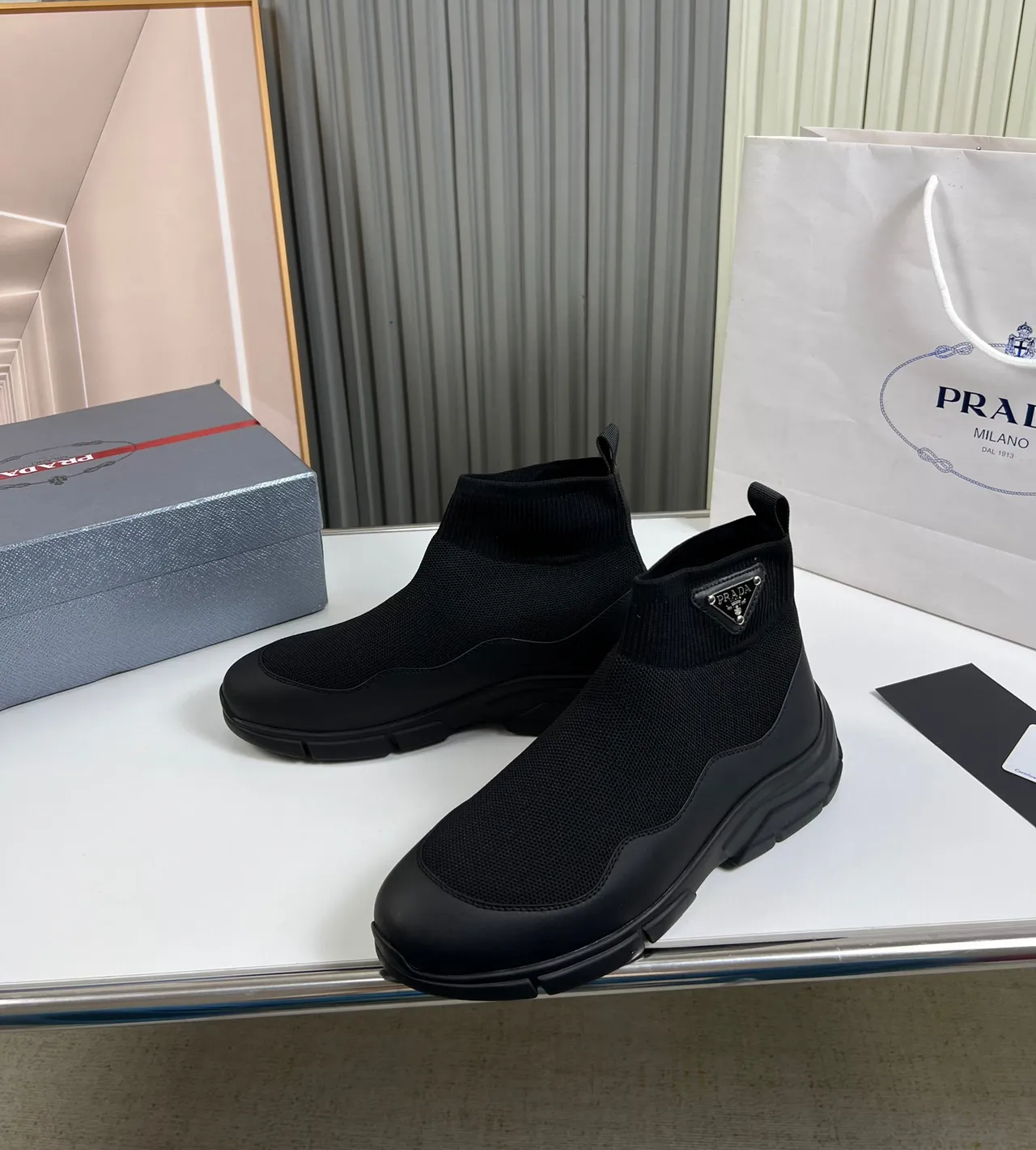 Prada Cloudbust Black Sock-Fit Knit Upper Rubberized Chunky Sole Ankle Boots 7