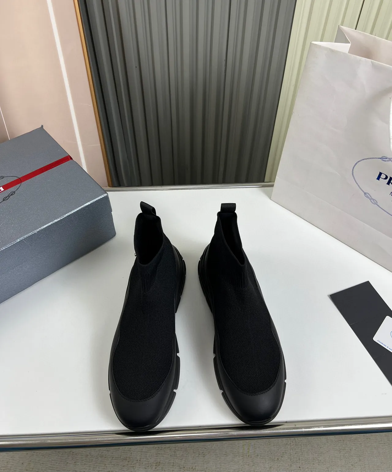 Prada Cloudbust Black Sock-Fit Knit Upper Rubberized Chunky Sole Ankle Boots 8
