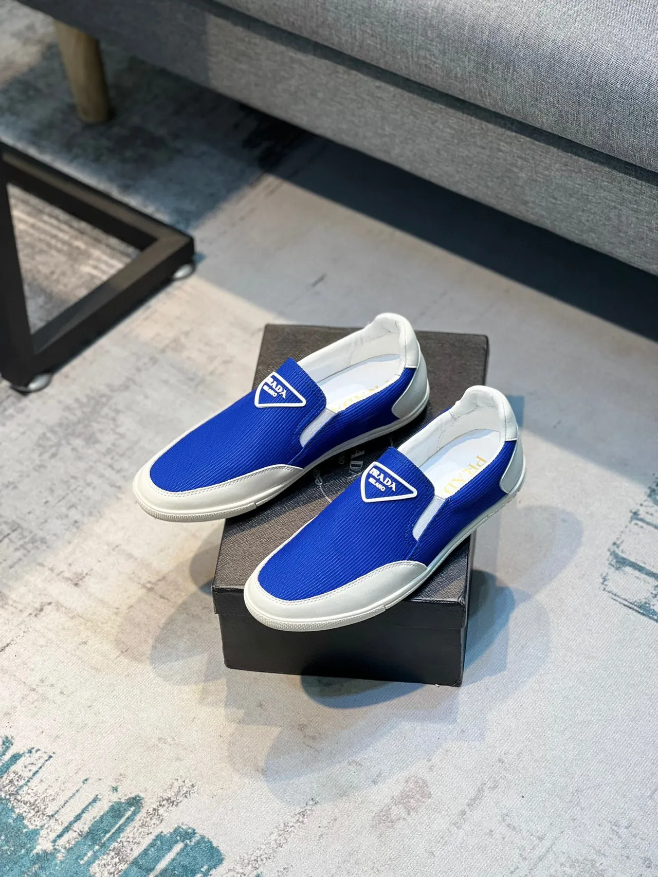 Prada Cloudbust Blue and White Knit Slip-On Loafers 7