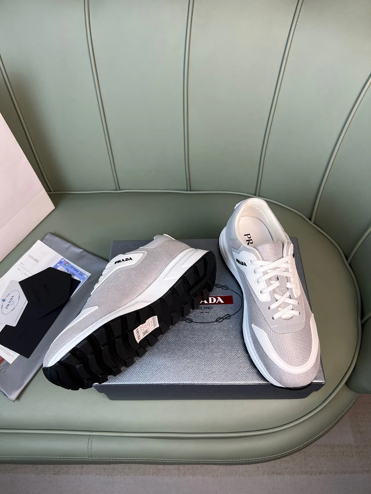 Prada Cloudbust Gray White Mesh Upper Asymmetrical Overlay Lifestyle Sneakers 7