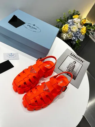 Prada Cloudbust Orange Silver Chunky Lug Sole Multi-Strap Cage Gladiator Sandals 3