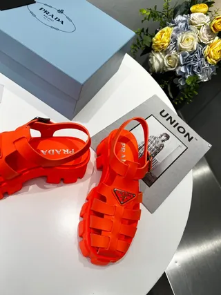 Prada Cloudbust Orange Silver Chunky Lug Sole Multi-Strap Cage Gladiator Sandals 4