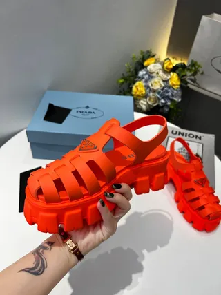 Prada Cloudbust Orange Silver Chunky Lug Sole Multi-Strap Cage Gladiator Sandals 6