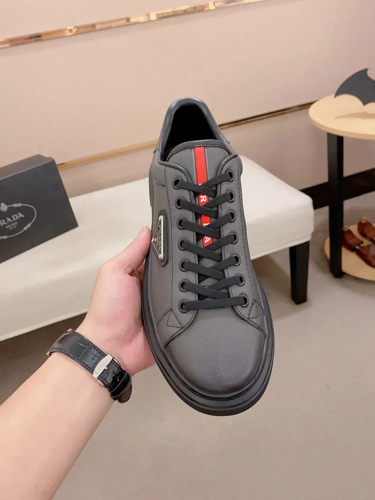 Prada Gray Black Leather Upper Triangular Metal Logo Lifestyle Sneakers 5