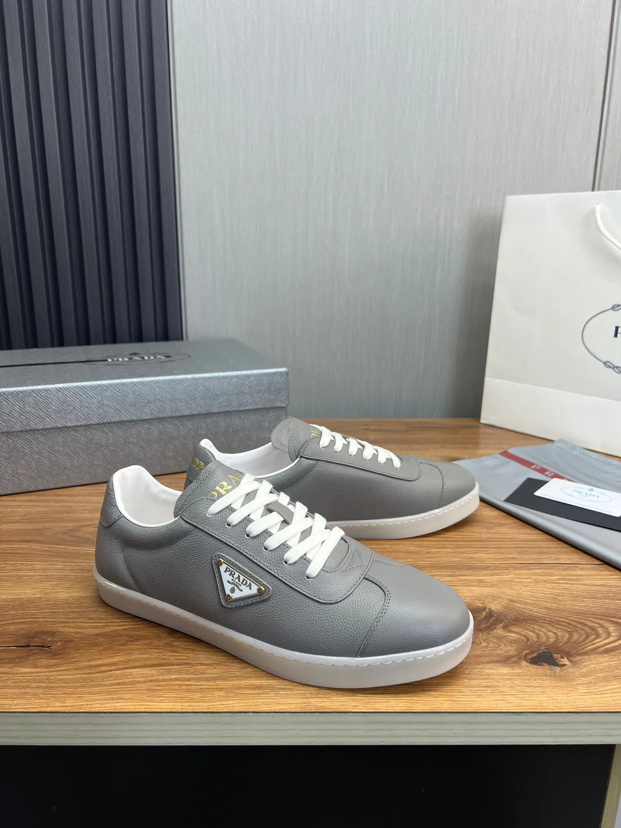 Prada Gray White Leather Upper Triangle Logo Plaque Lifestyle Sneakers 3