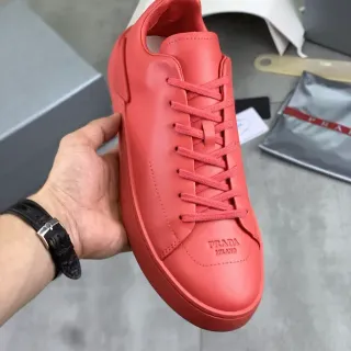 Prada Lifestyle Sneaker Red Monochrome Leather Embossed Logo Lifestyle Sneakers