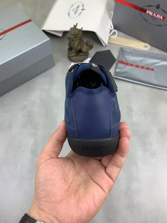 Prada Navy Black Laceless Mesh-Suede Hybrid Upper Lifestyle Sneakers 4