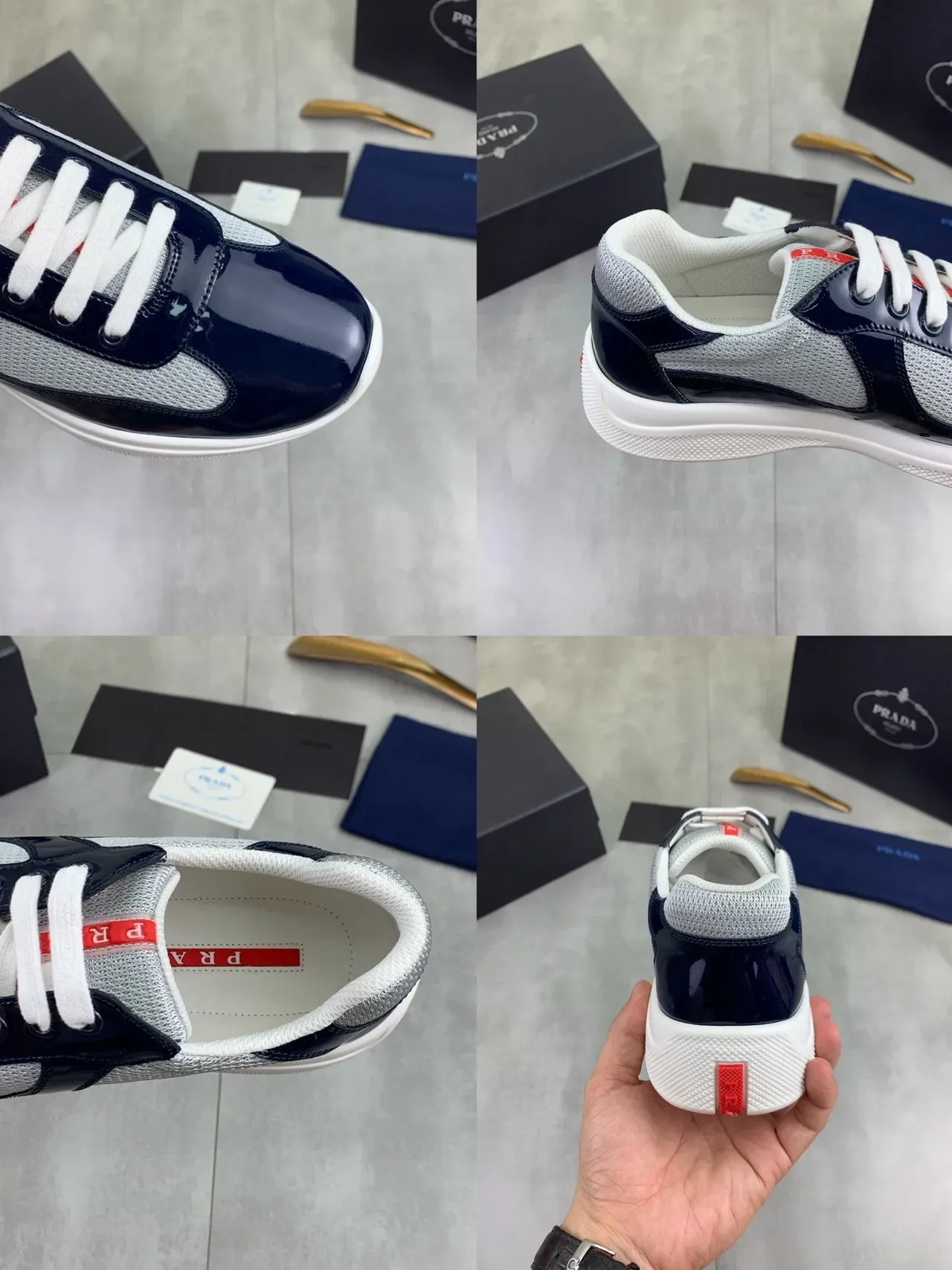 Prada Navy Gray Glossy Patent Leather Mesh Paneling Lifestyle Sneakers 2