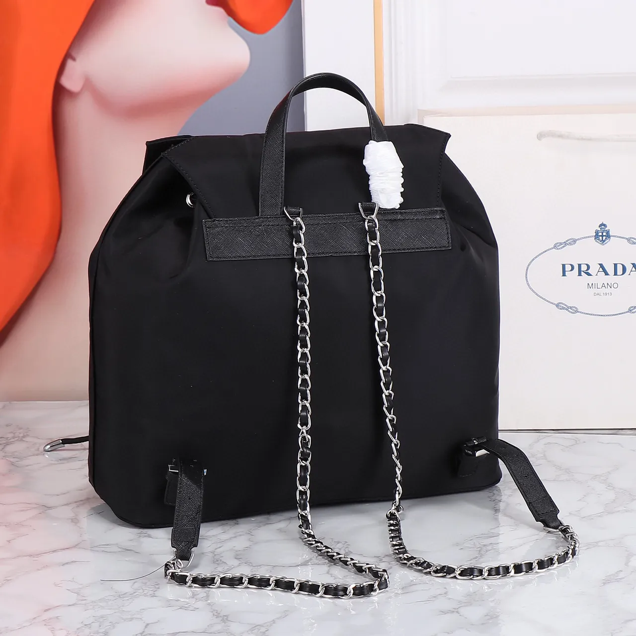 Prada Re-Nylon Mochila Casual Negra Plata Logotipo Triangular 3