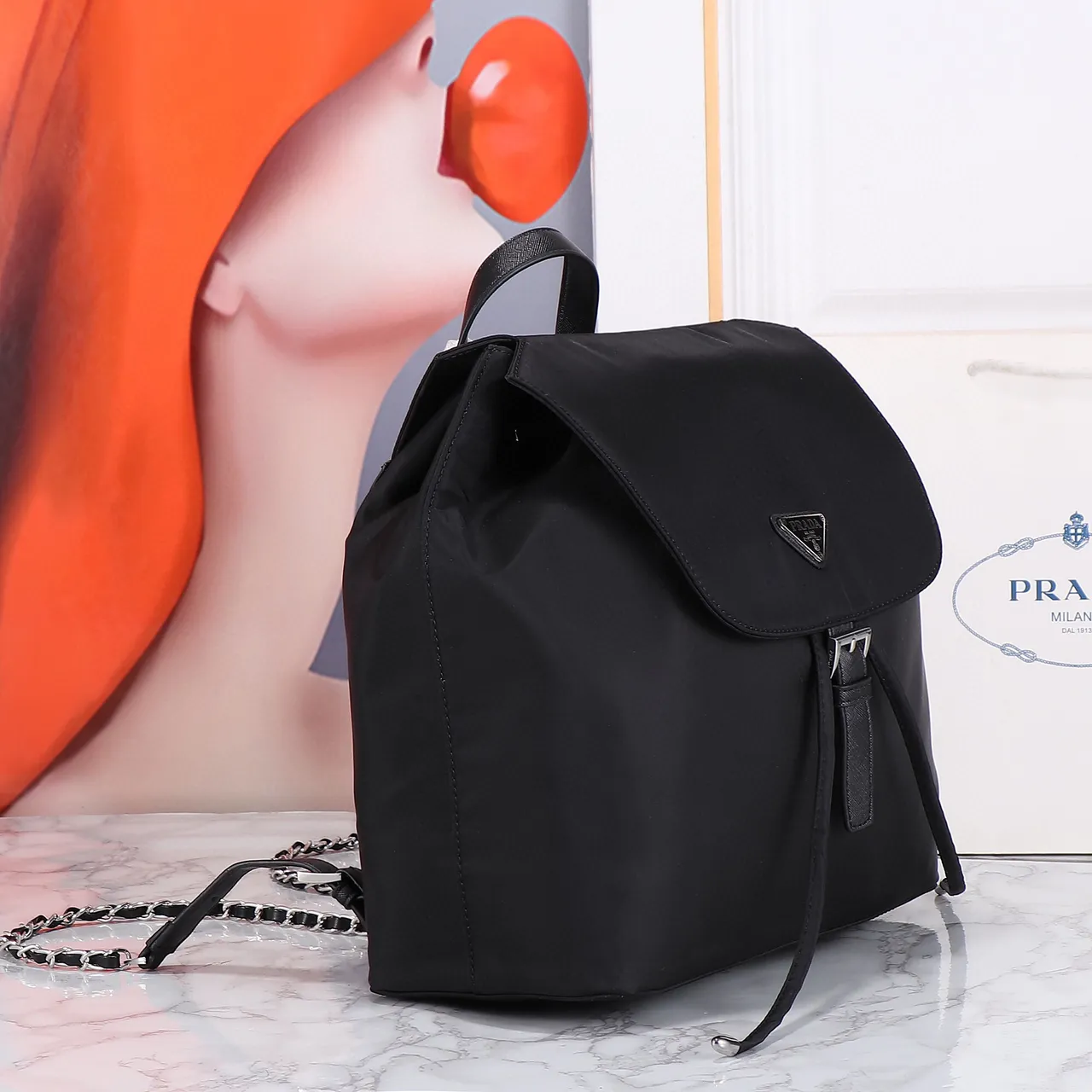 Prada Re-Nylon Mochila Casual Negra Plata Logotipo Triangular 4