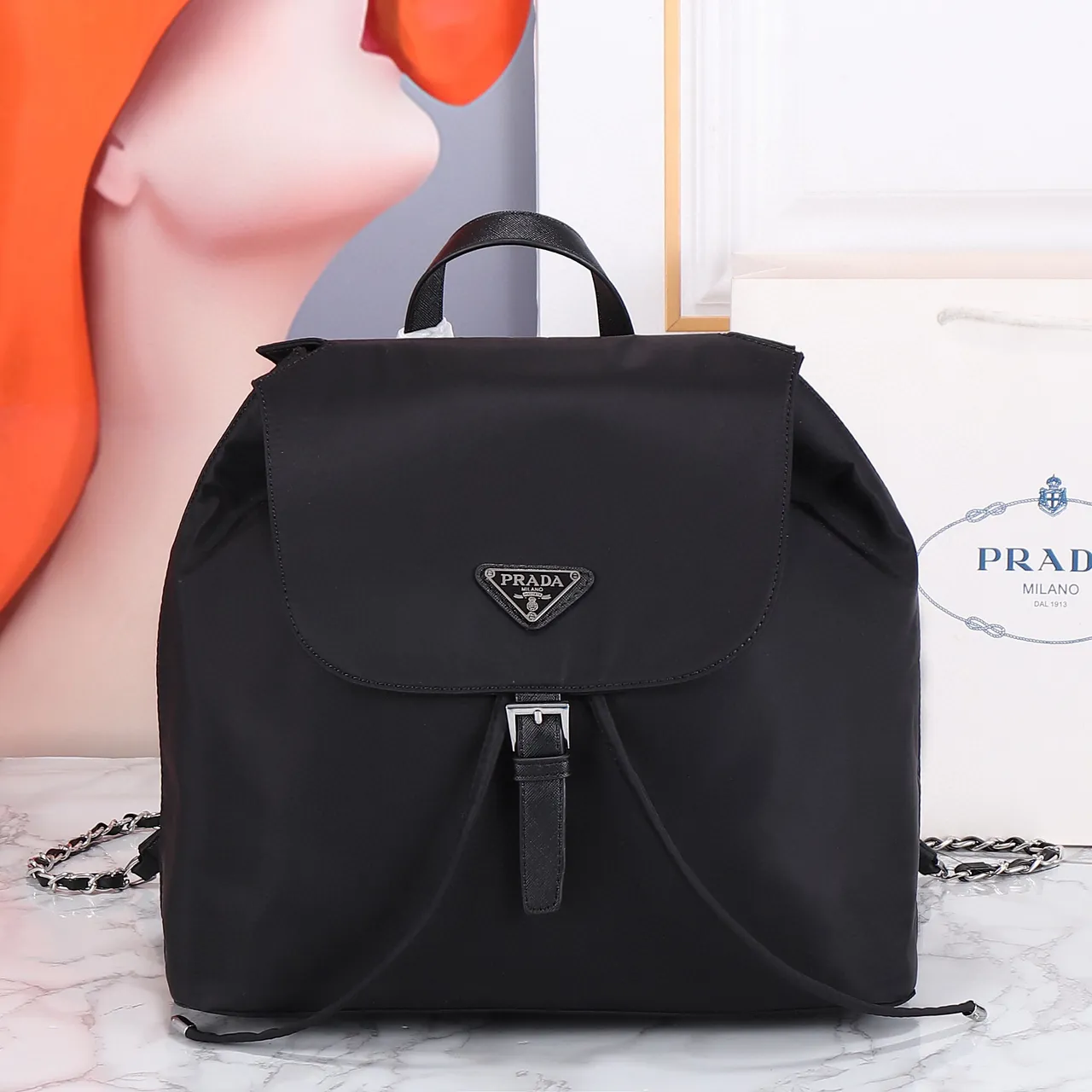 Prada Re-Nylon Mochila Casual Negra Plata Logotipo Triangular 5