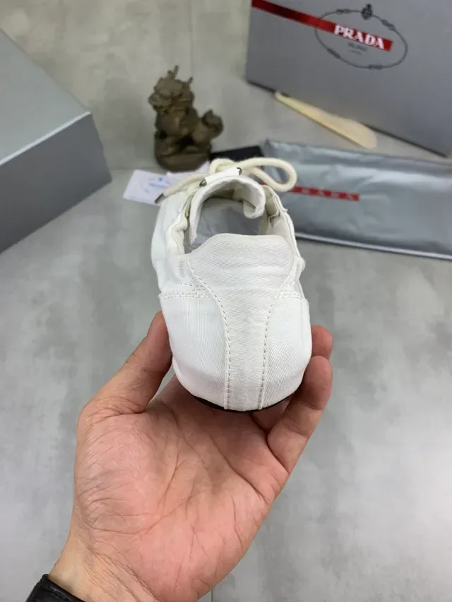 Prada White Beige Canvas Upper Minimalist Branding Lifestyle Sneakers 3