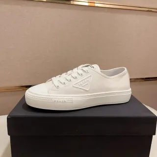 Prada White Canvas Upper Triangular Logo Patch Lifestyle Sneakers