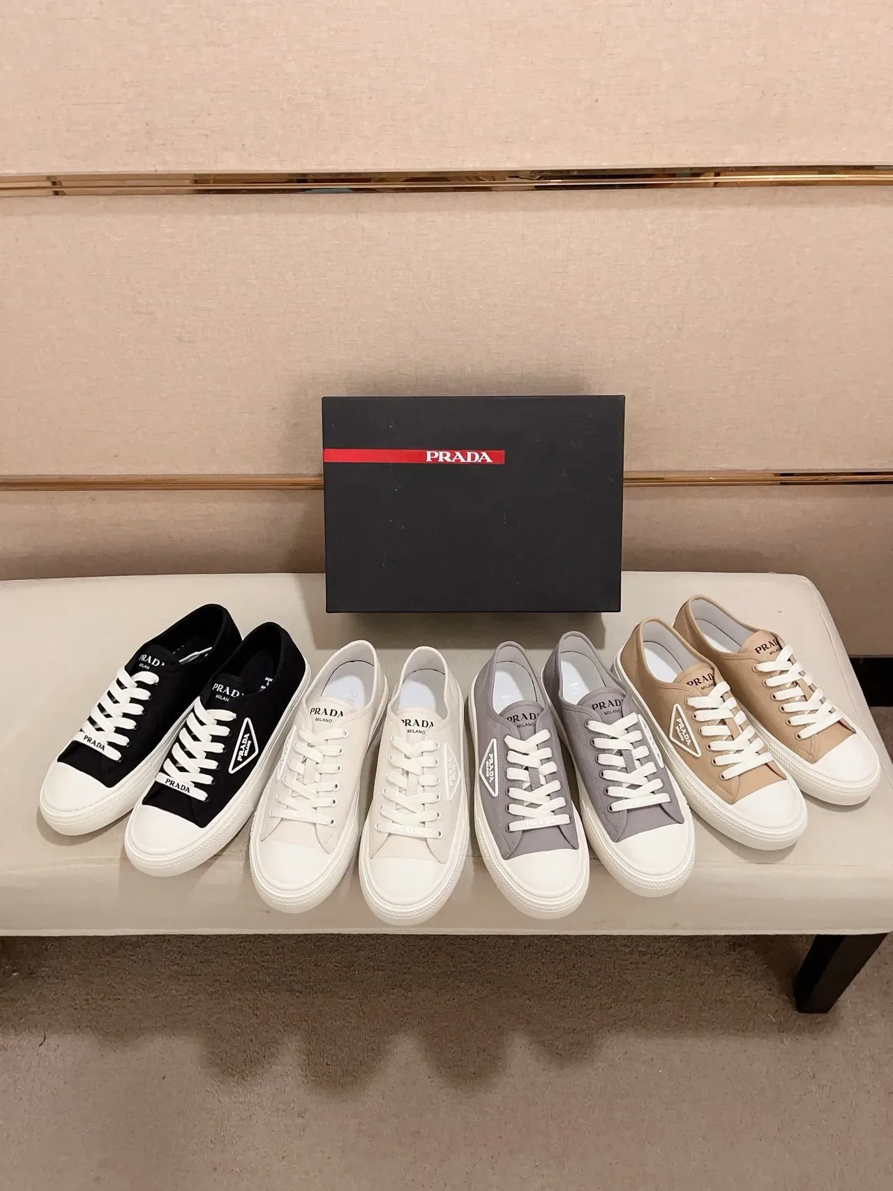 Prada White Canvas Upper Triangular Logo Patch Lifestyle Sneakers 2